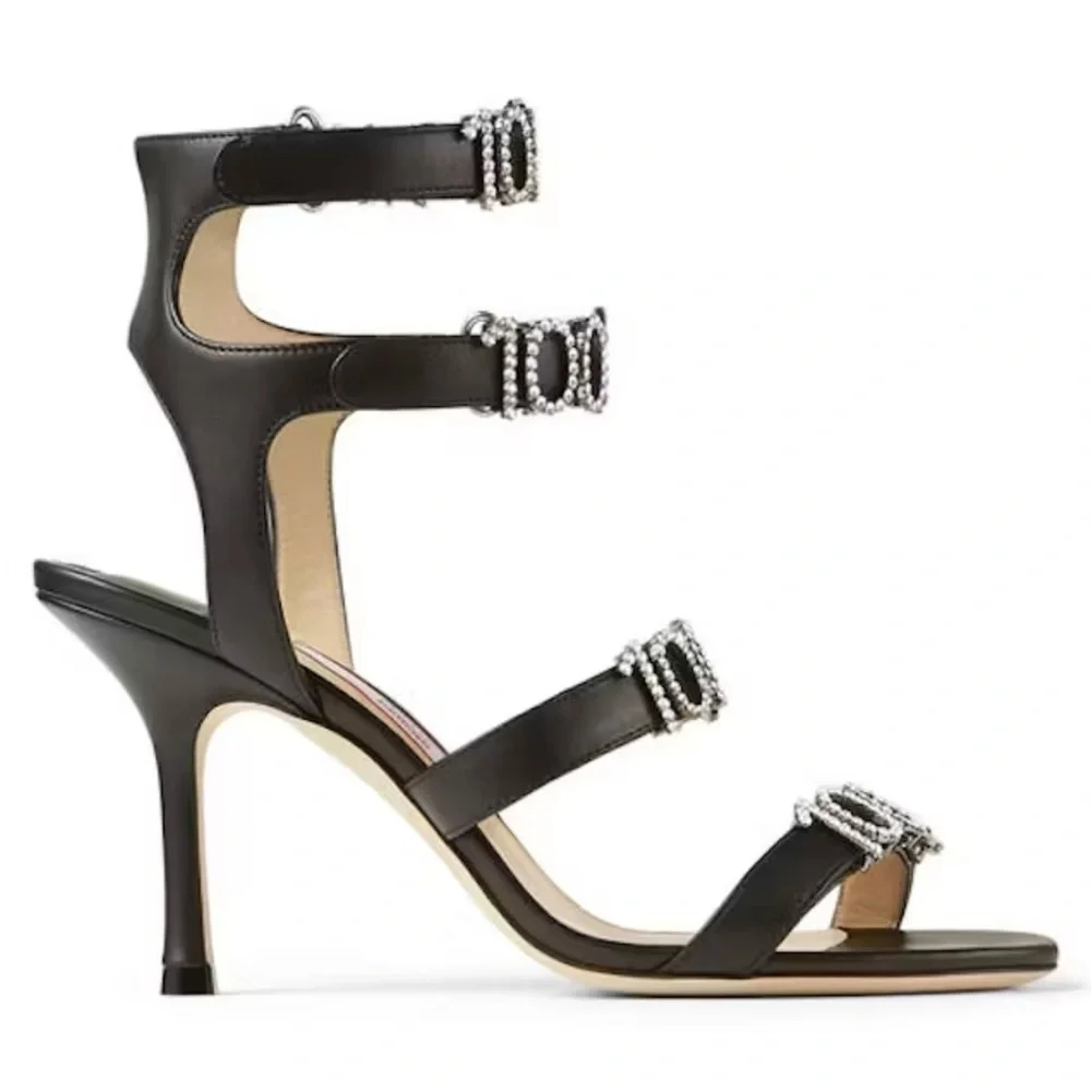 JIMMY CHOO x Ashley Williams Black Leather Crystal 100% Heel Sandals Sz 37.5